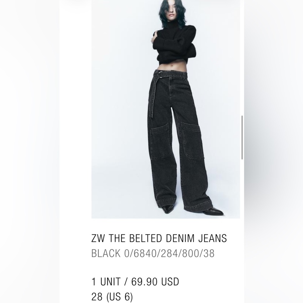 Zara Black Belted Denim Wide Leg Jeans